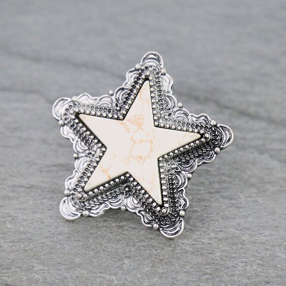 Turquoise White Black STAR Natural Stone Western Boho Style Stretch Ring Silver - Picture 3 of 6